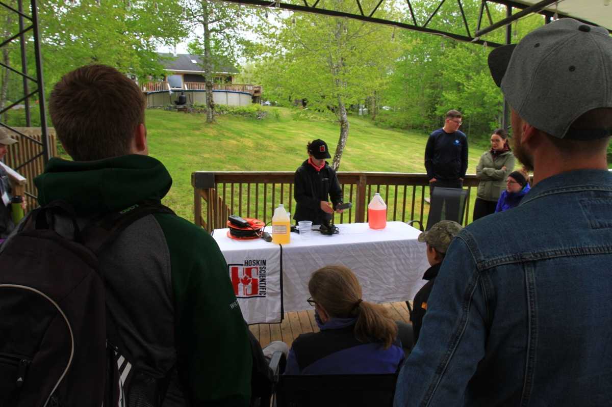 The backs of two people as they face a person at a table