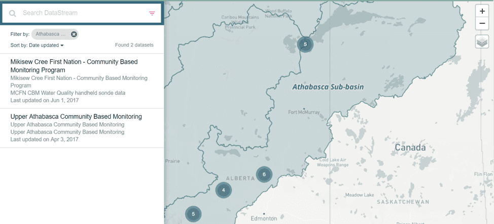 capture d'écran des ensembles de données affichés dans un bassin versant recherché sur la carte de DataStream