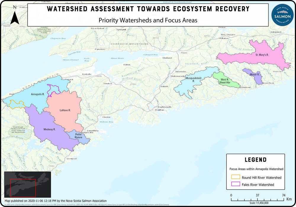 évaluation des bassins versants en vue du rétablissement de l'écosystème carte de la nouvelle-écosse mettant en évidence les 8 bassins versants clés
