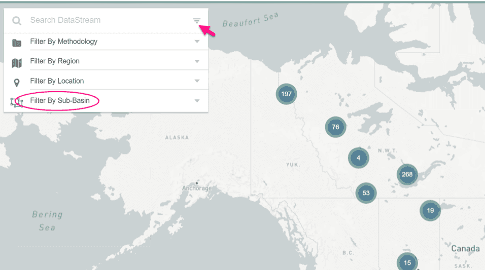 Screenshot of the search feature on the datastream map highlighting the filter by sub-basin feature