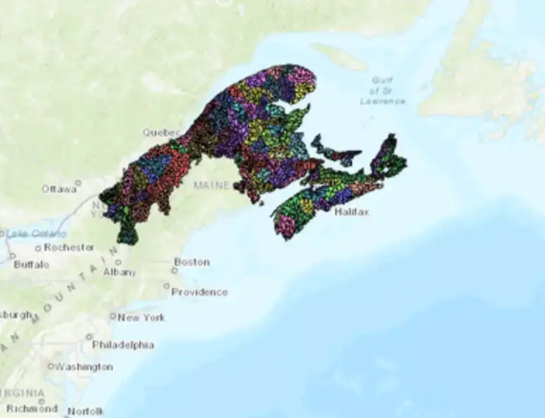 Screenshot of NCC aquatic connectivity layer over the Northern Appalachian–Acadian Region of Canada and cross-border watersheds of the United States