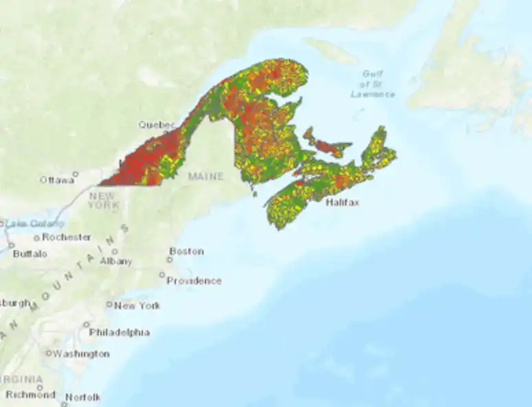 Screenshot of NCC watershed health assessment layer over the Northern Appalachian–Acadian Region of Canada