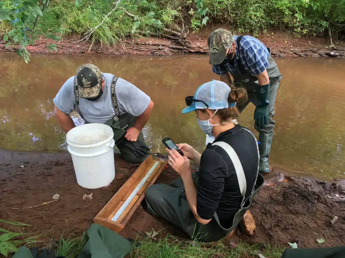 Trois personnes debout près d'un cours d'eau analysant des échantillons d'eau. Deux se tiennent au-dessus d'un instrument en bois et un regarde leur téléphone. Tous les trois portent des masques. CBM en action; Alliance des bassins versants de l'Île-du-Prince-Édouard