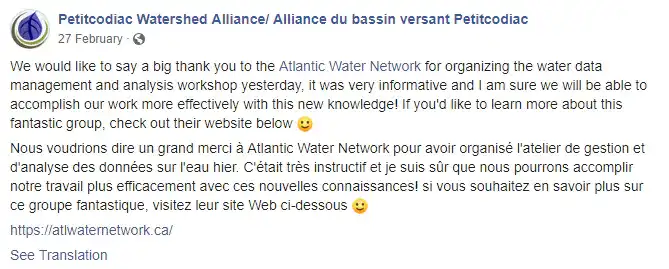 Screenshot of a thank you post by Petitcodiac Watershed Alliance