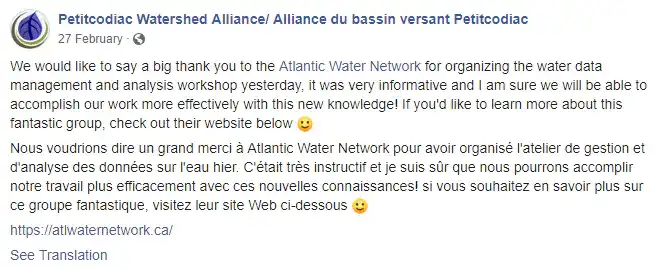 Capture d'écran d'un message de remerciement par la Alliance du bassin versant Petitcodiac